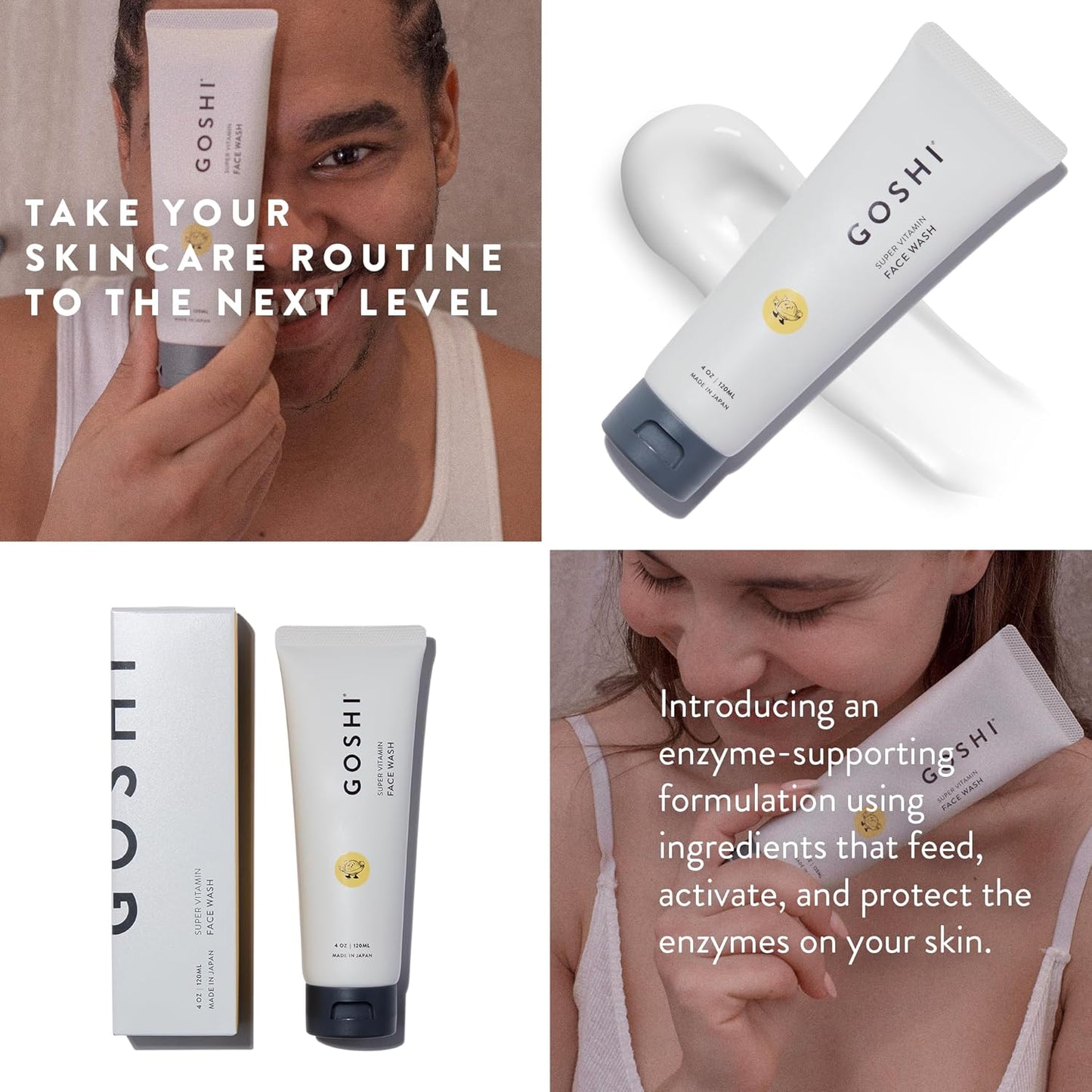 Collage featuring GOSHI pH balanced face wash