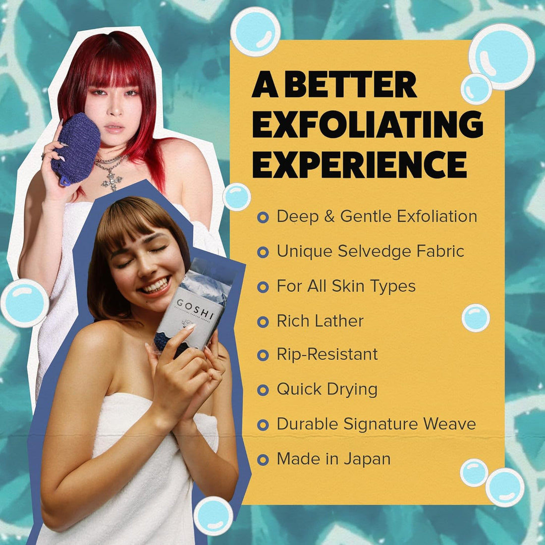 Blue exfoliating shower sponge made in Japan with rapid-dry weave