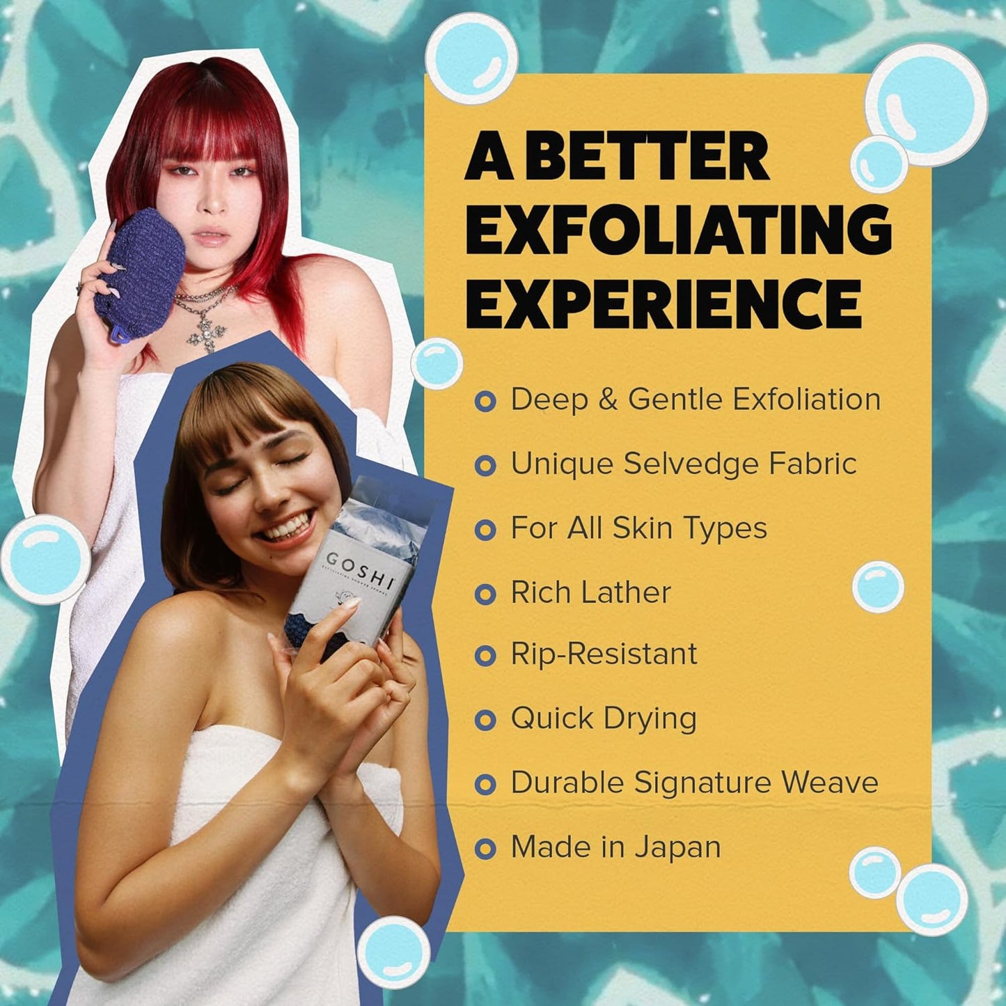 Blue exfoliating shower sponge made in Japan with rapid-dry weave