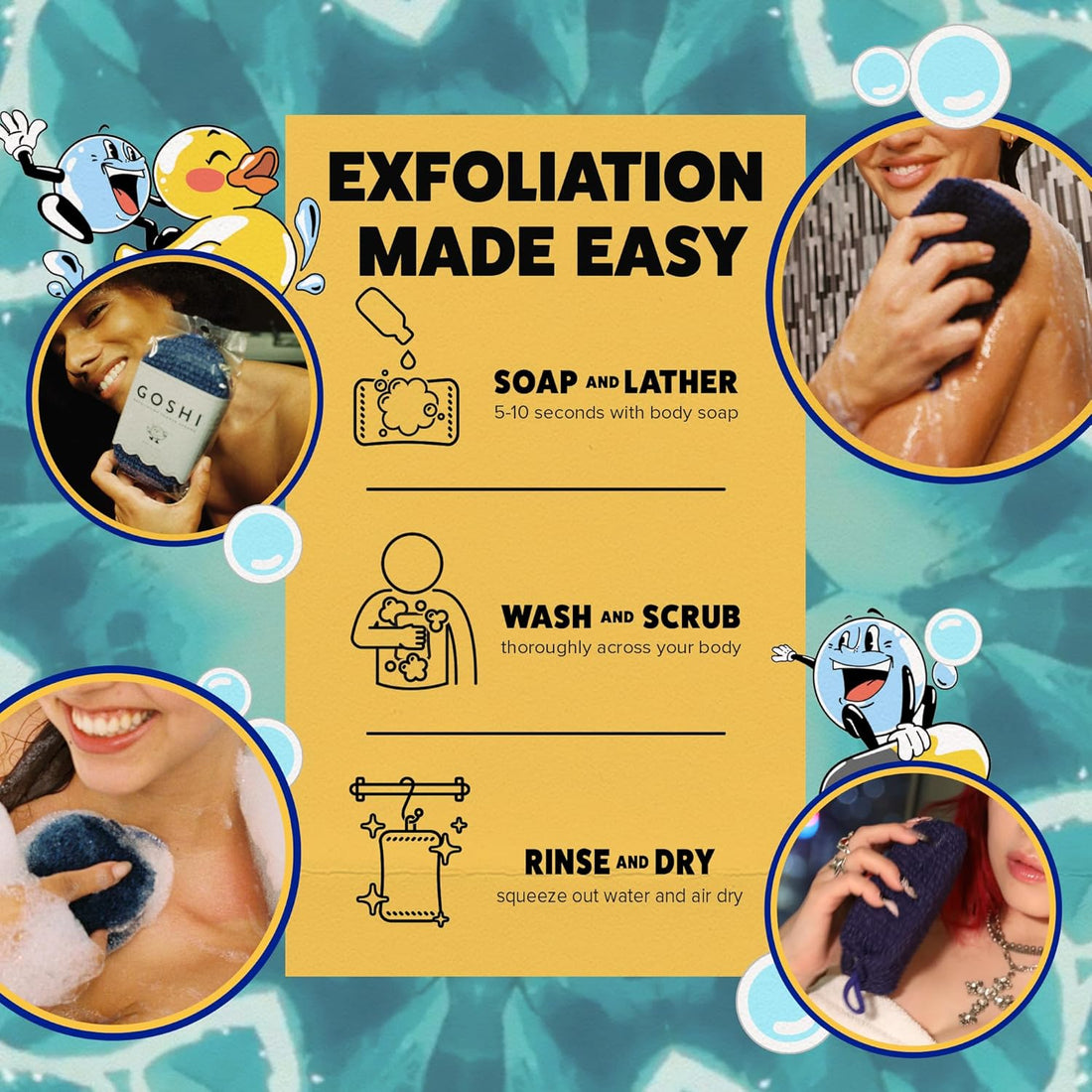 How to use the GOSHI exfoliating shower sponge for rich lather, gentle exfoliation, and quick drying after every use