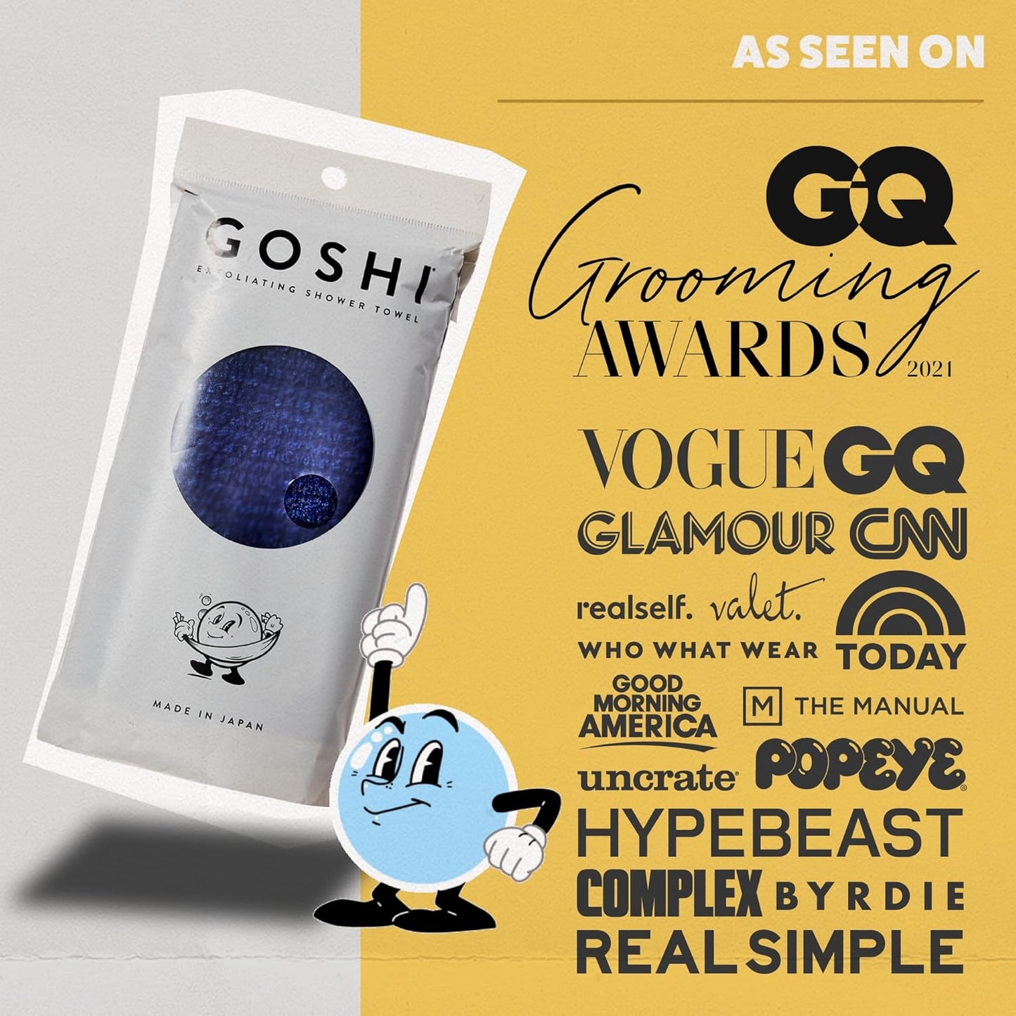 GOSHI body exfoliator shower towel featured in major grooming and skincare publications