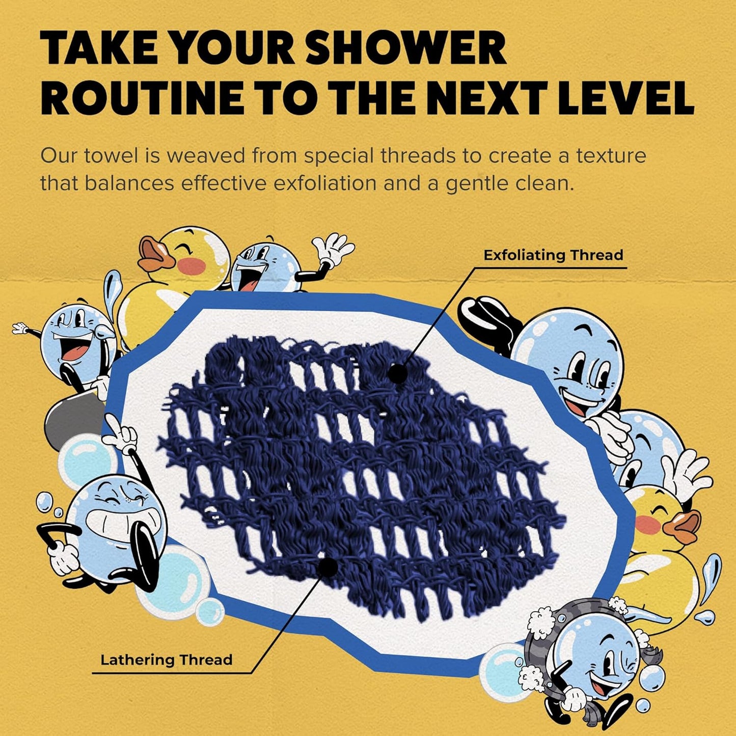 Close-up of GOSHI shower towel weave featuring exfoliating and lathering threads for gentle body exfoliation