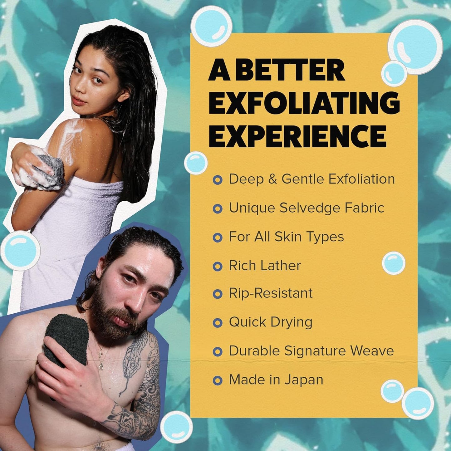 GOSHI gray exfoliating shower sponge made in Japan with rapid-dry weave for deep yet gentle exfoliation and rich lather