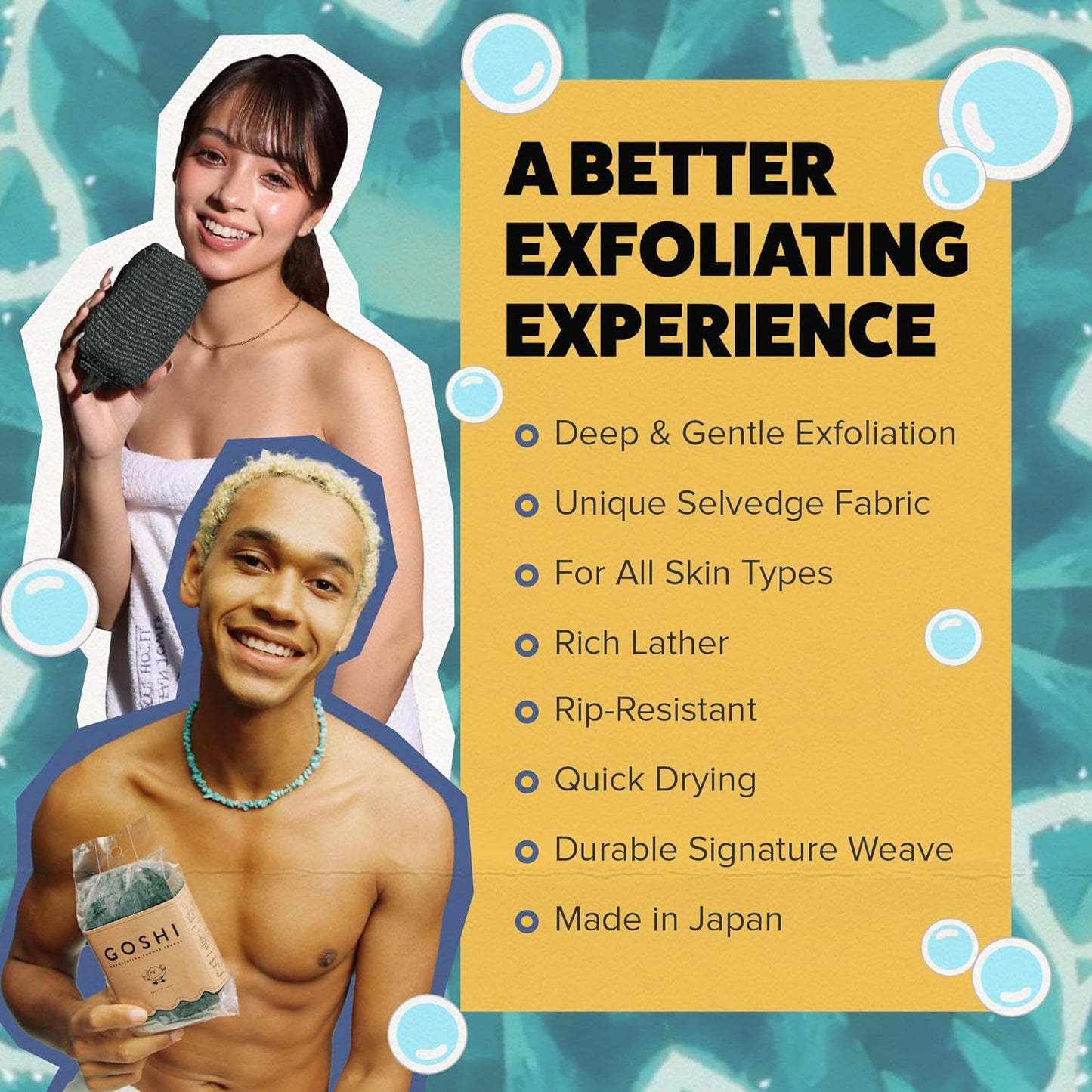 Japanese exfoliating shower sponge with rapid-dry fabric for gentle exfoliation, rich lather, and a cleaner shower routine