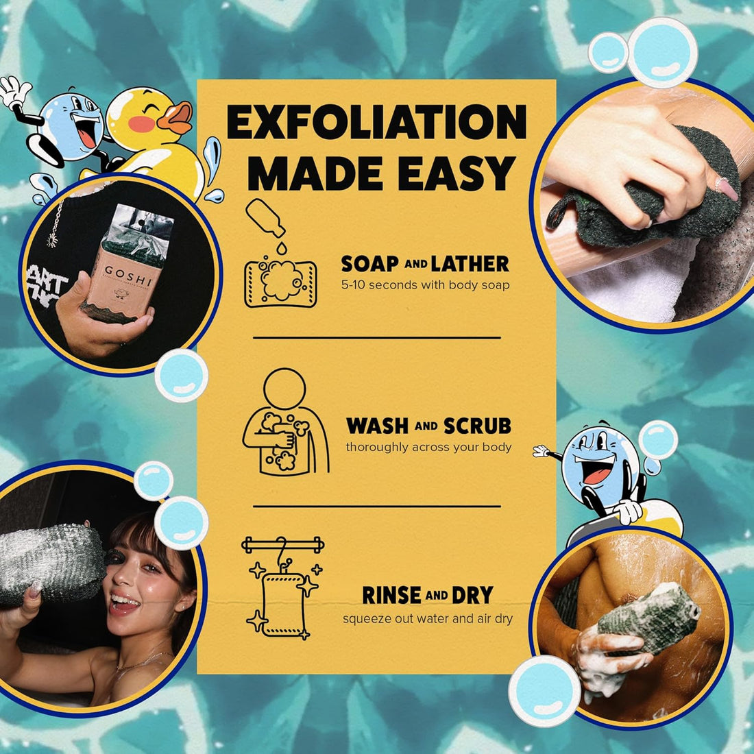 Instructions for exfoliation with GOSHI shower sponge