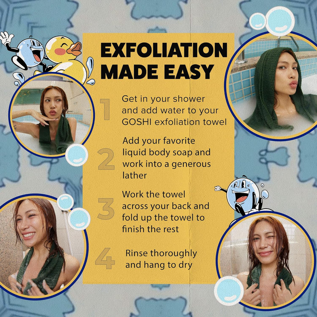Best body exfoliator tutorial showing how to lather, scrub, rinse, and dry a Japanese shower towel