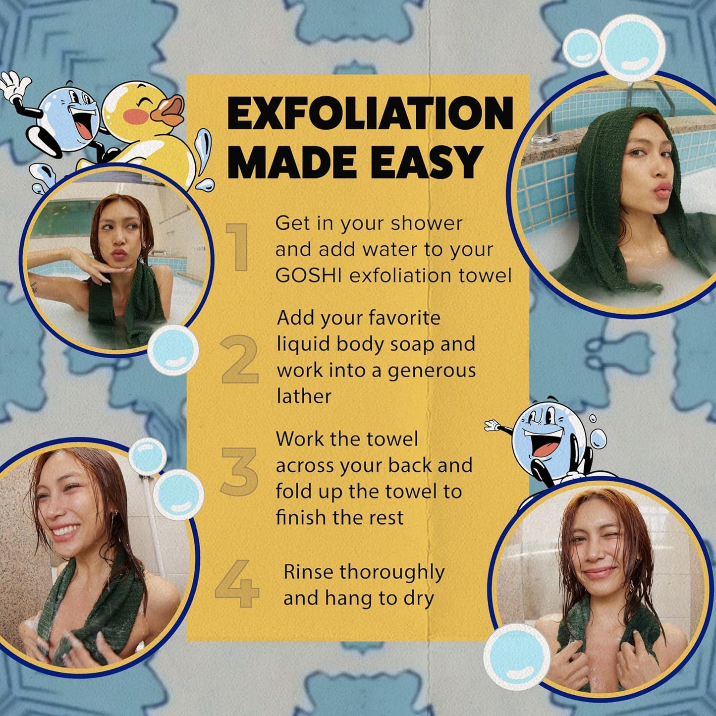 Best body exfoliator tutorial showing how to lather, scrub, rinse, and dry a Japanese shower towel