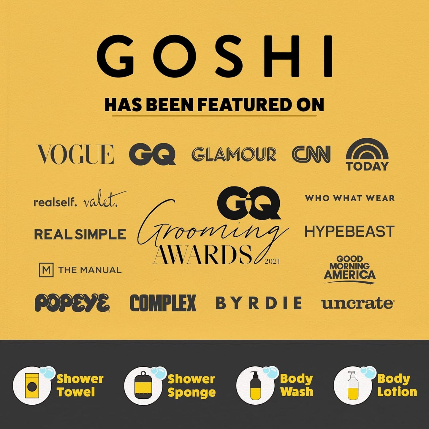 GOSHI exfoliating shower sponge has been featured on Vogue, GQ, Glamour and more