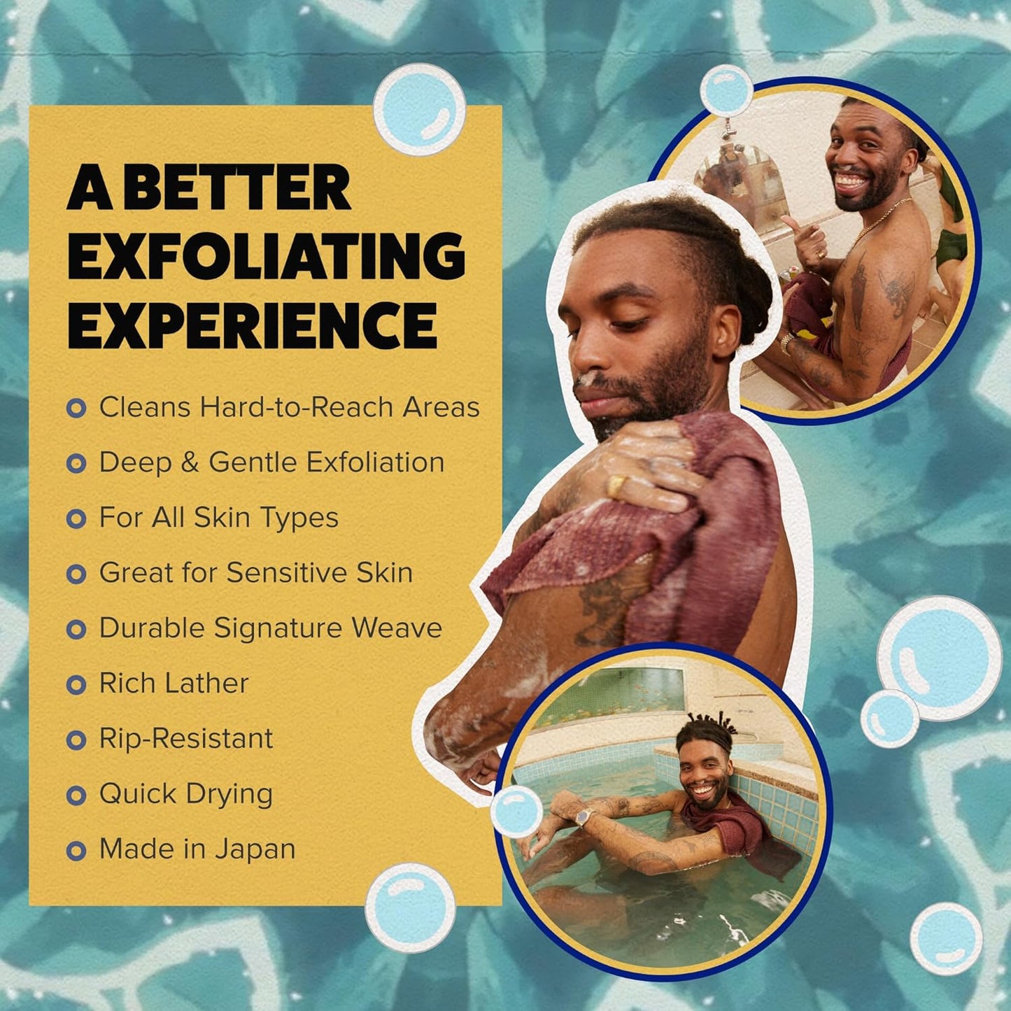 Person demonstrating a Japanese shower towel and body exfoliator designed for gentle exfoliation, rich lather, and easy back cleansing