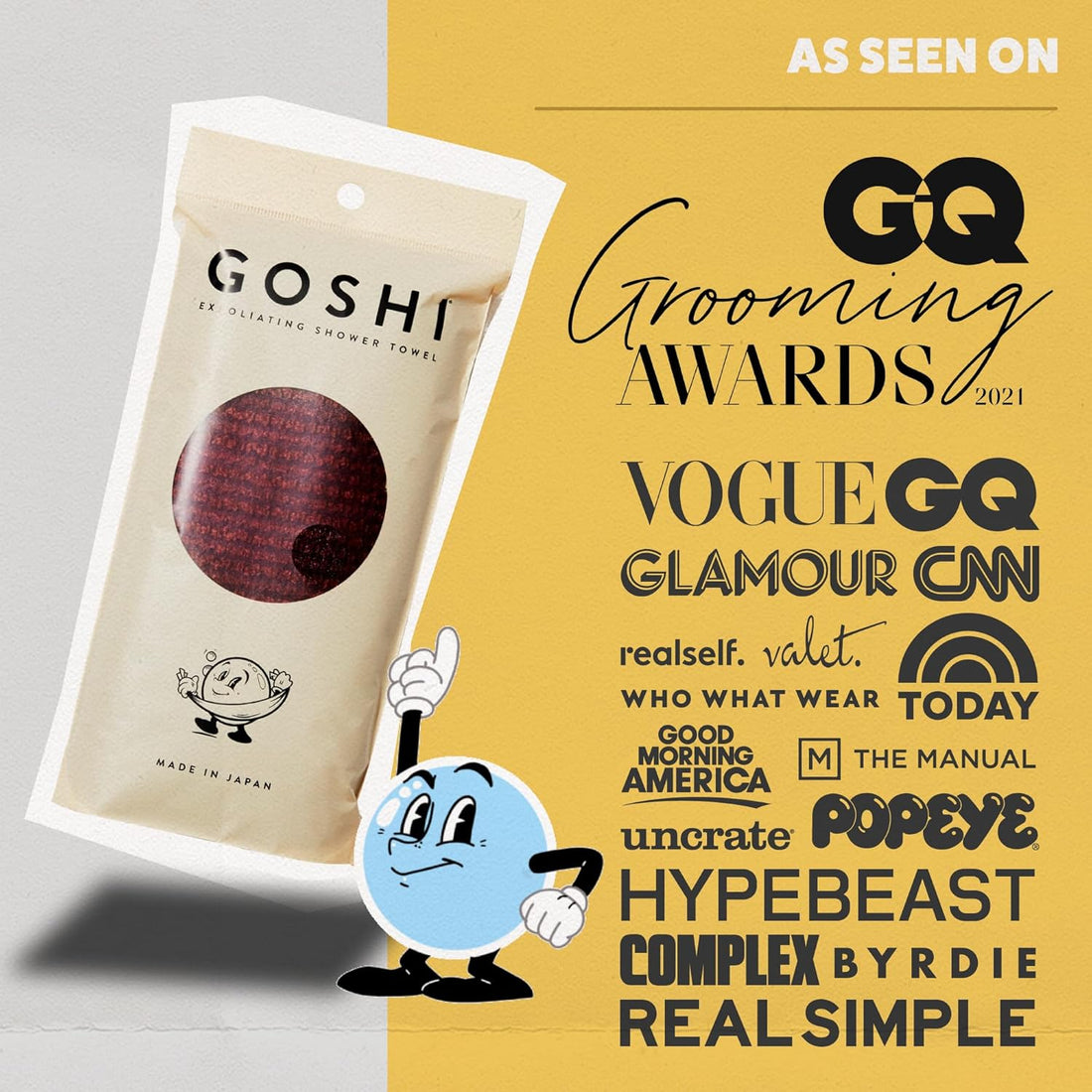 GOSHI exfoliating cloth and shower towel packaging with recognition from grooming and skincare publications