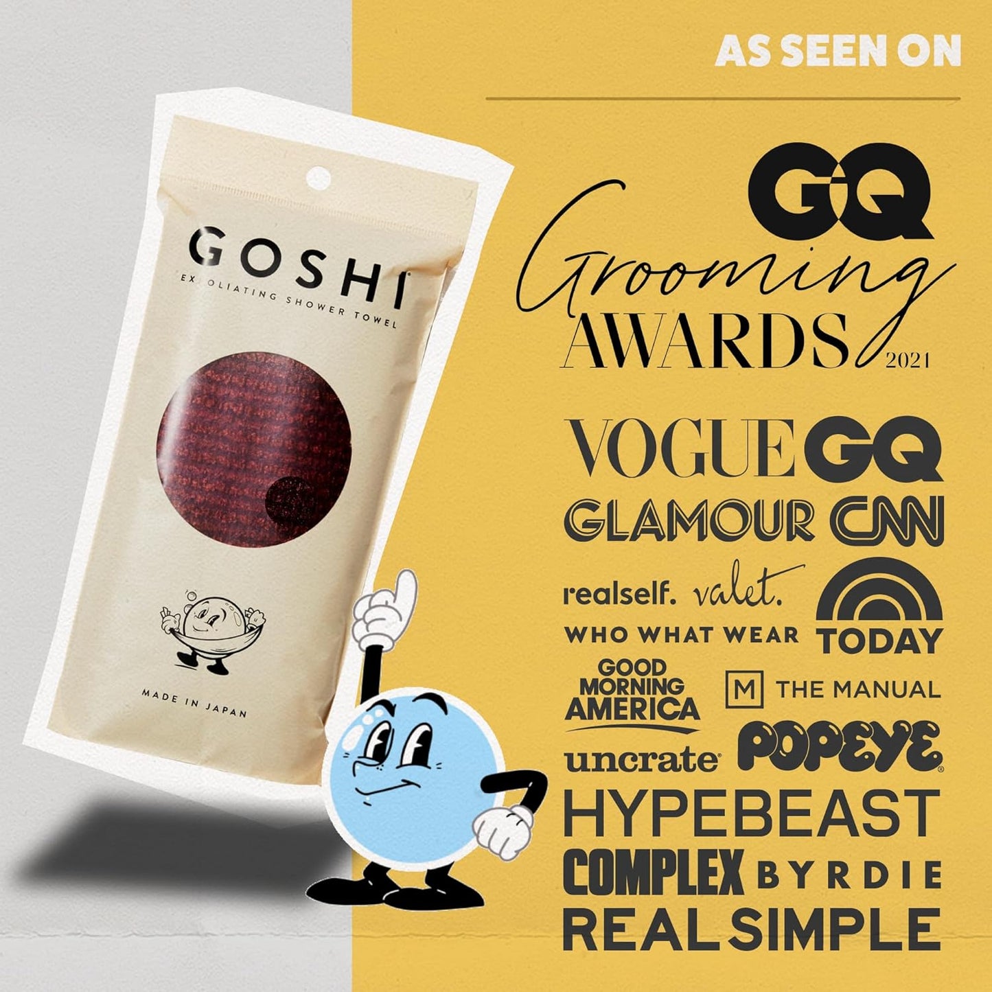 GOSHI exfoliating cloth and shower towel packaging with recognition from grooming and skincare publications