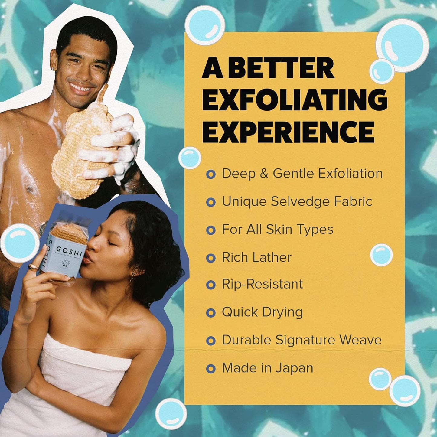Deep cleansing exfoliating sponge with textured Japanese fibers designed for smooth skin and everyday shower use