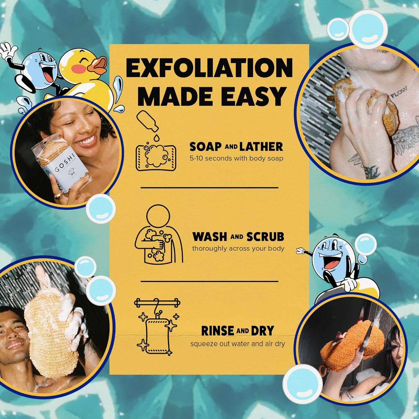 Step-by-step use of the GOSHI exfoliating sponge for rich foam, gentle scrubbing, and polished skin