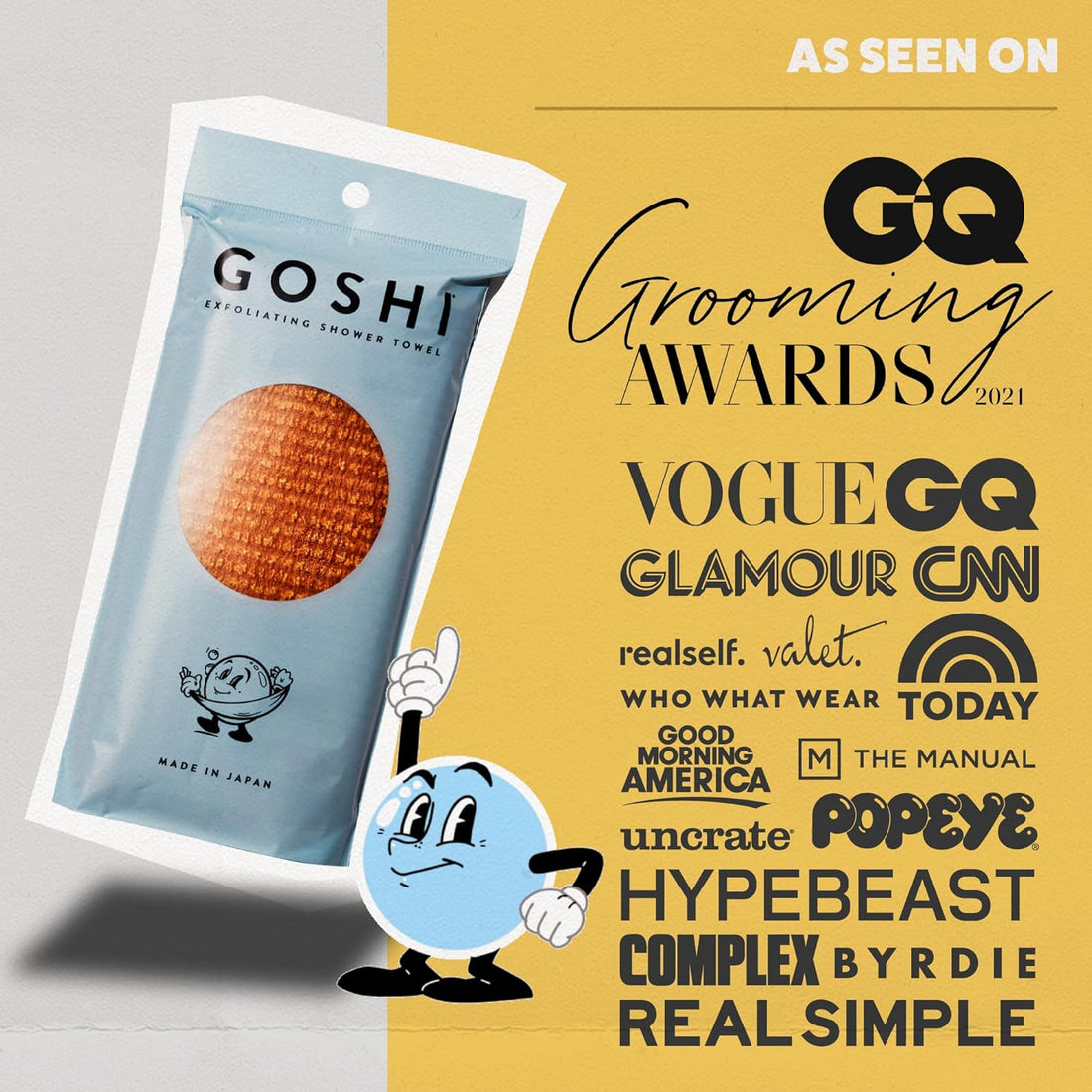 Japanese shower towel and exfoliator for body featured in media and GQ grooming awards