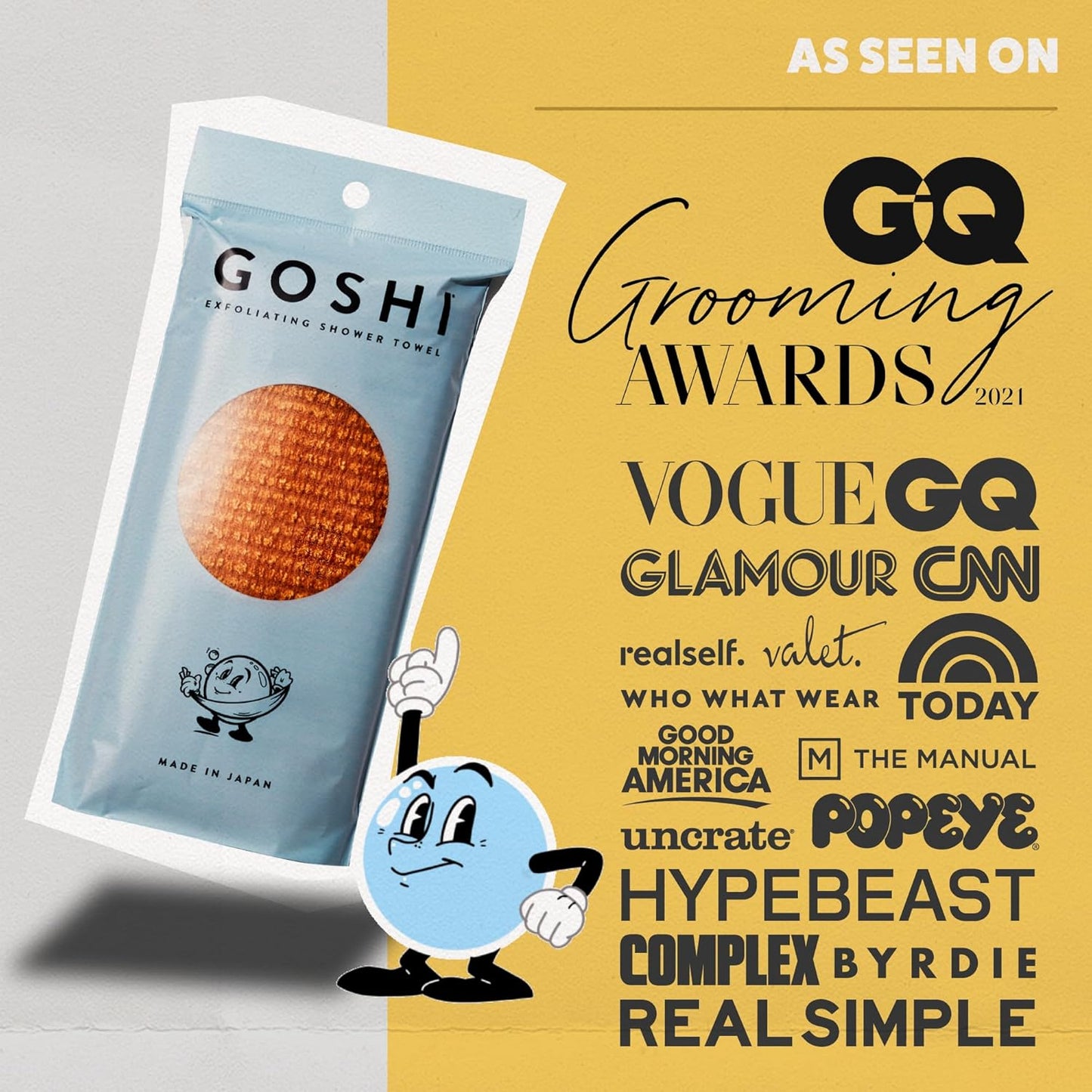 Japanese shower towel and exfoliator for body featured in media and GQ grooming awards